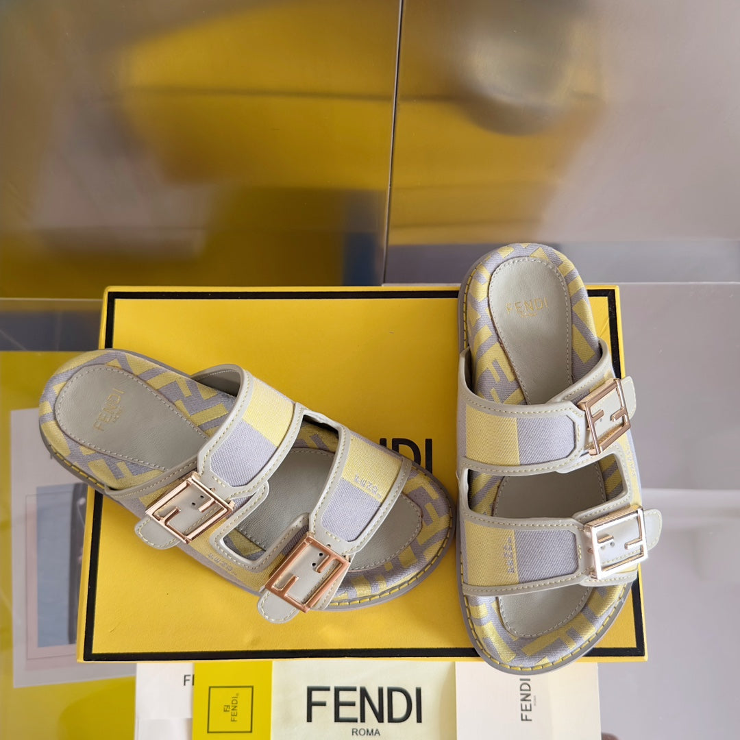 Luxury FendiLuxury FendiDAD SANDAL IN YELLOW MIX LIGHT PURPLE CANVAS WITH GOLD HARDWARE