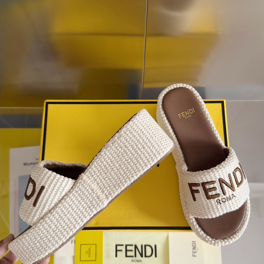 Luxury FendiFF Sunshine 65 White Cotton Brown Leather Fibre Flatform Slide