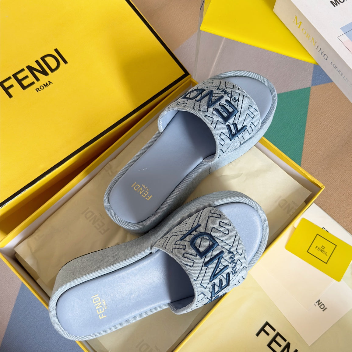 Luxury FendiFF Monogram Sunshine 65 Light Blue Fabric Slide