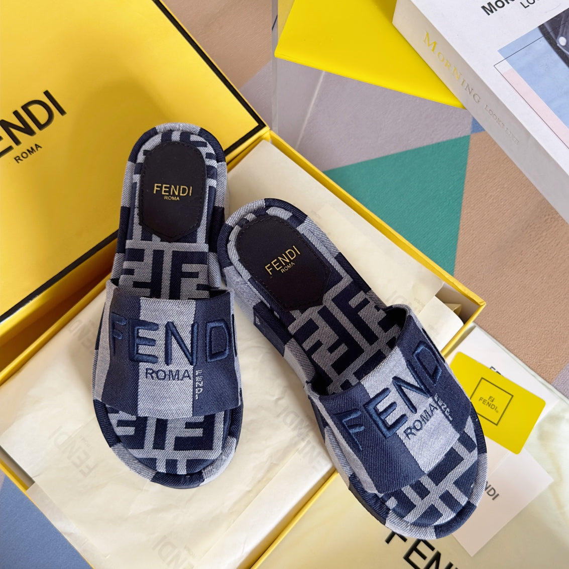 Luxury FendiLuxury FendiPLATFORM WEDGES IN AEGEAN BLUE MIX WHITE FF MONOGRAM FABRIC