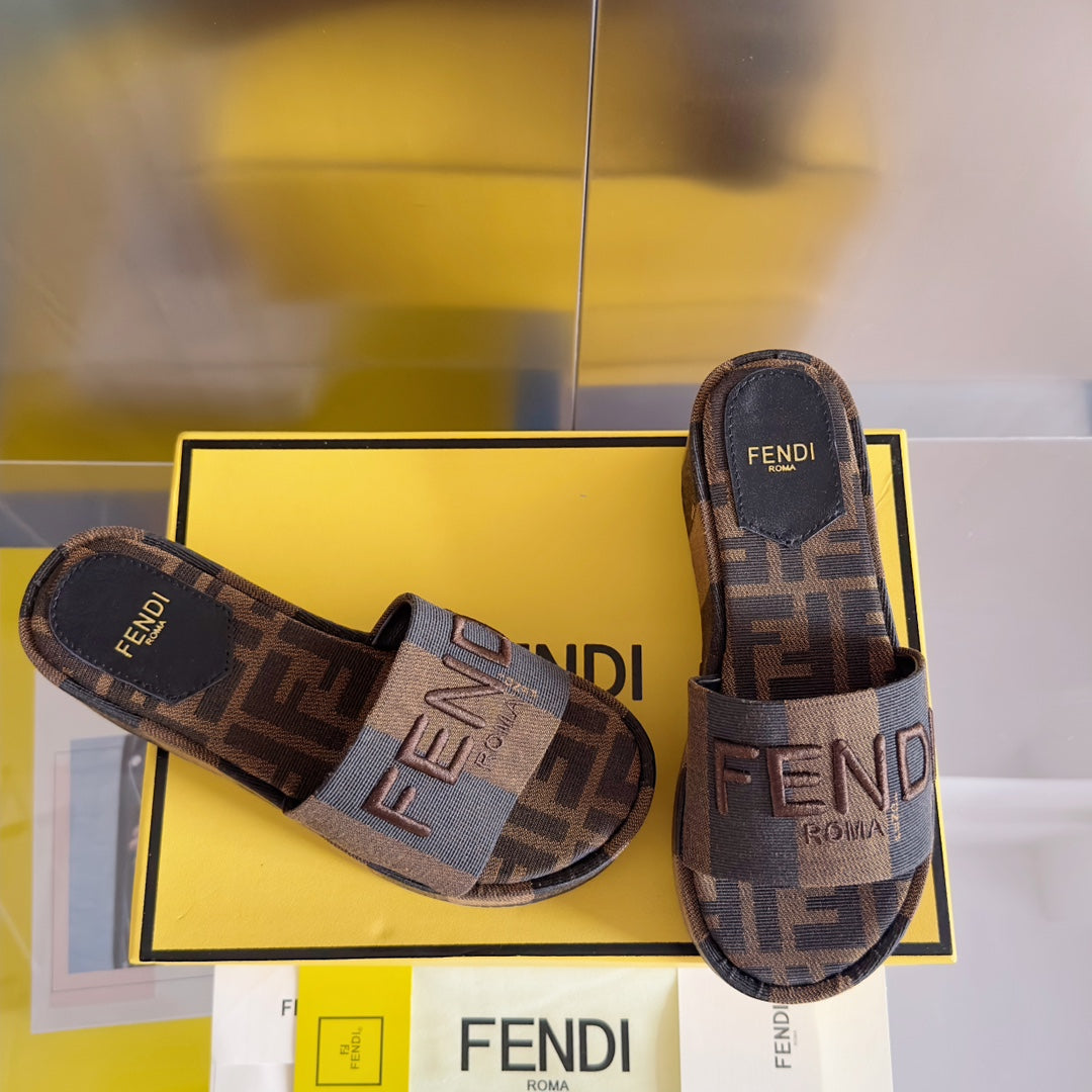Luxury FendiLuxury FendiPLATFORM WEDGES IN CHOCOLATE BROWN FF MONOGRAM FABRIC