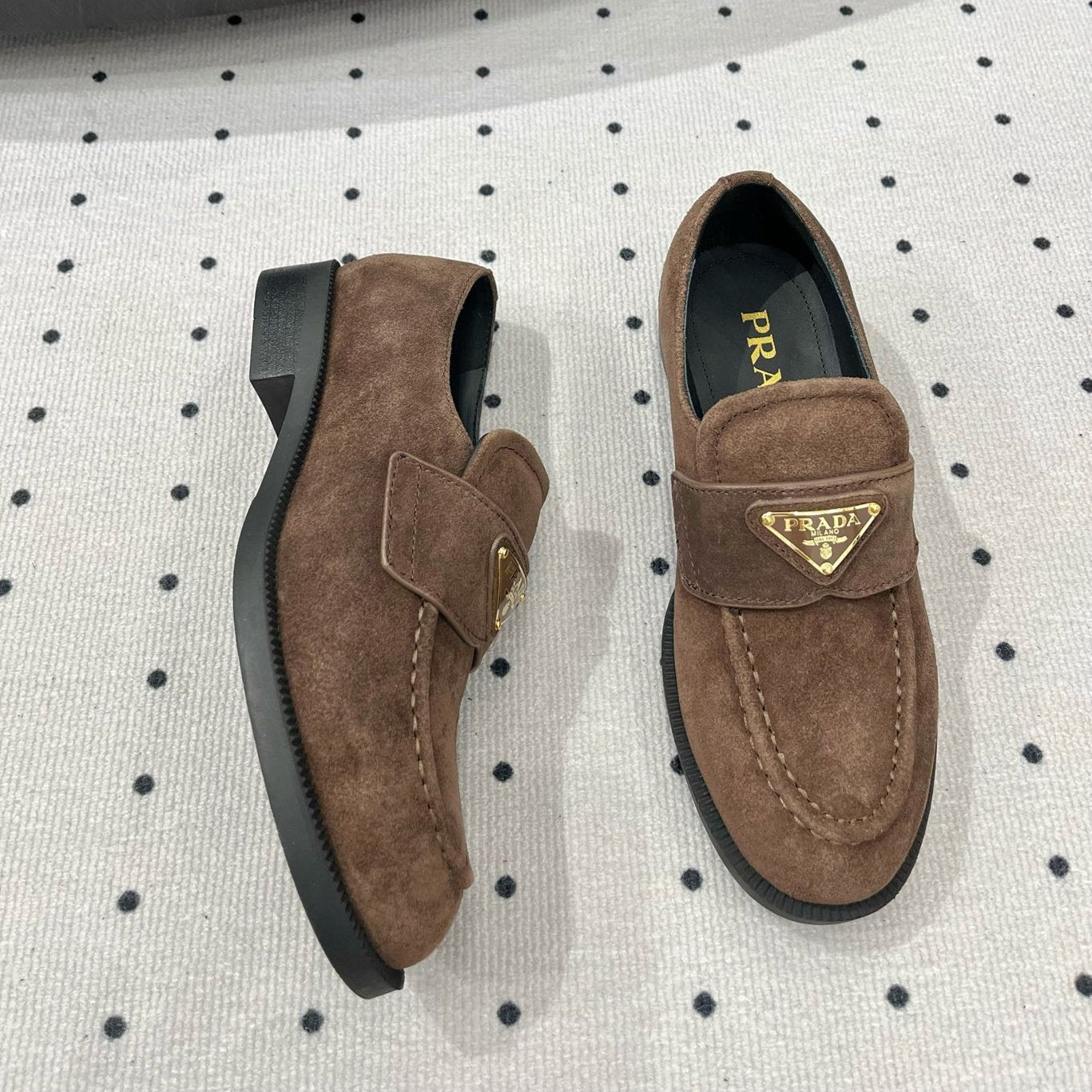 Luxury PradaTRIANGLE LOGO LOAFER IN WOOD BROWN SUEDE