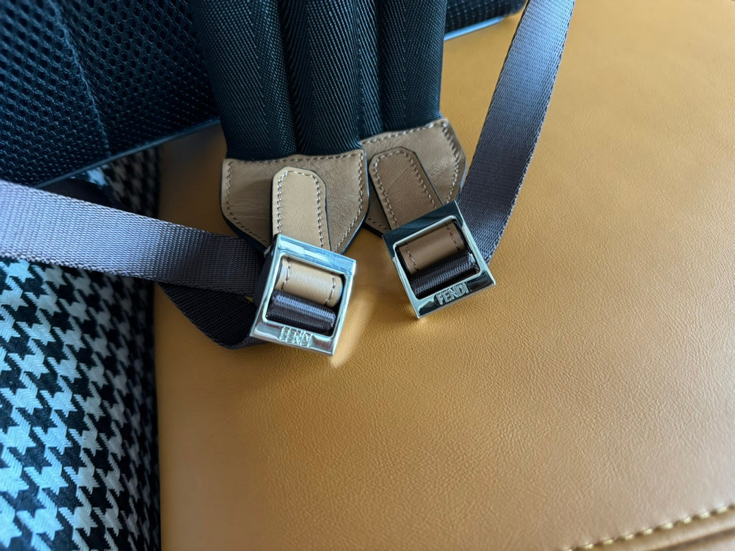 Luxury FendiLuxury Fendi44 MINI BACKPACK IN CAMEL BROWN MONOGRAM JACQUARD FABRIC AND CALFSKIN