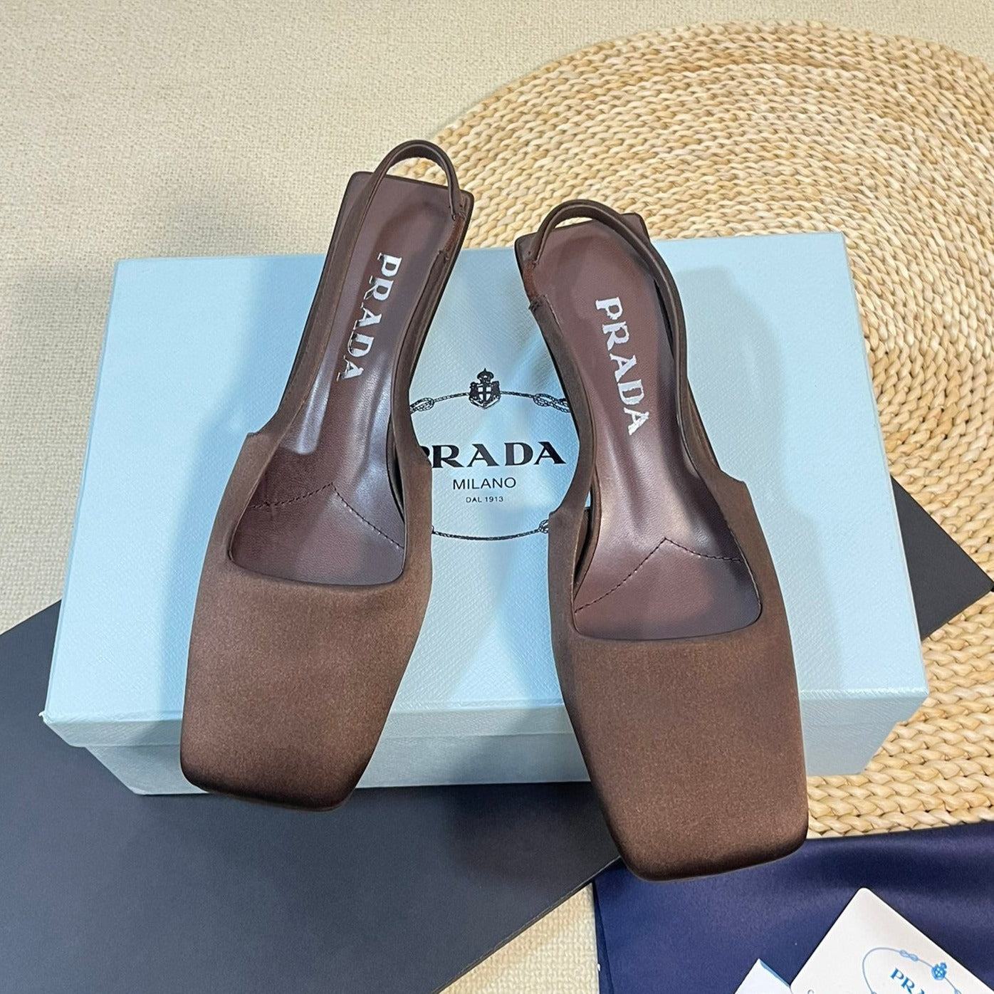 Luxury PradaSQUARE TOE SLINGBACK PUMPS CHOCOLATE SATIN