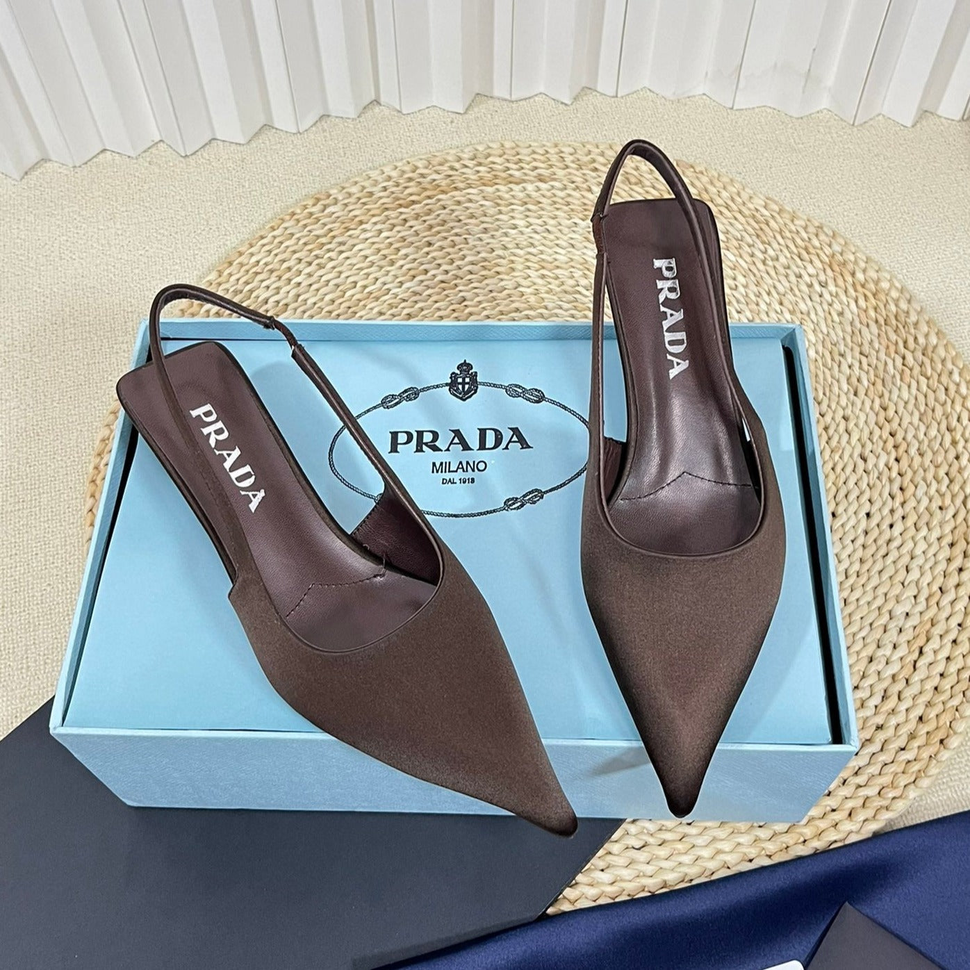 Luxury PradaPOINTED TOE SLINGBACK PUMPS CHOCOLATE SATIN