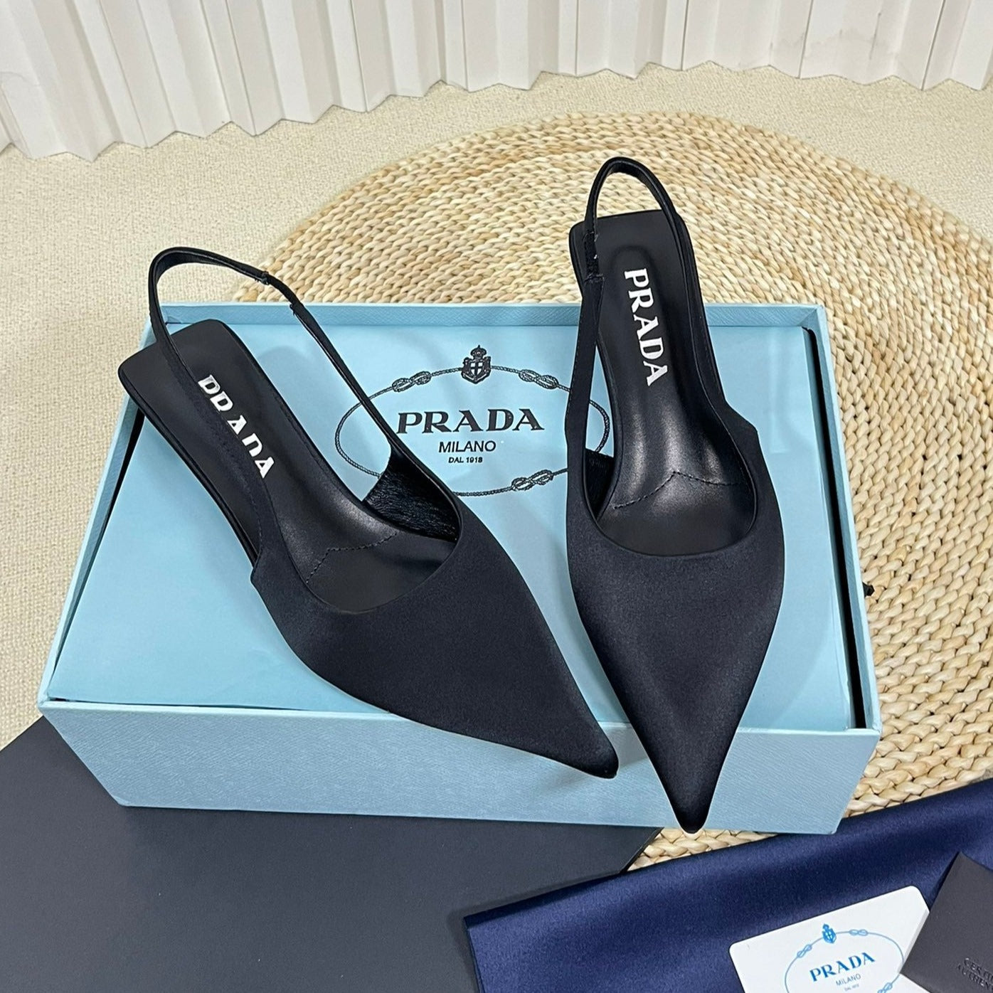 Luxury PradaPOINTED TOE SLINGBACK PUMPS BLACK SATIN