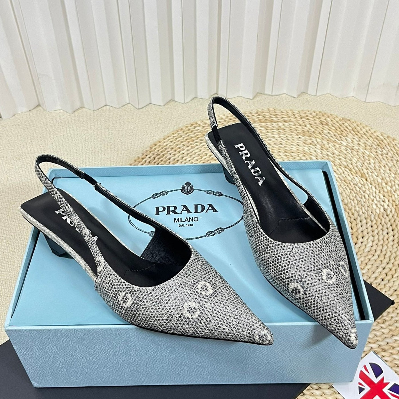 Luxury PradaPOINTED TOE SLINGBACK PUMPS SNAKESKIN MOTIF SATIN