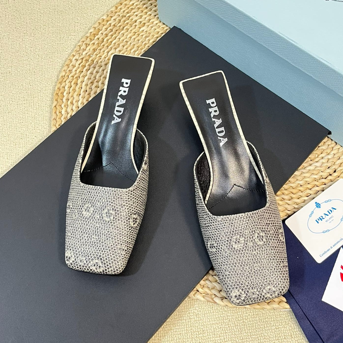 Luxury PradaSQUARE TOE MULES SNAKESKIN MOTIF SATIN