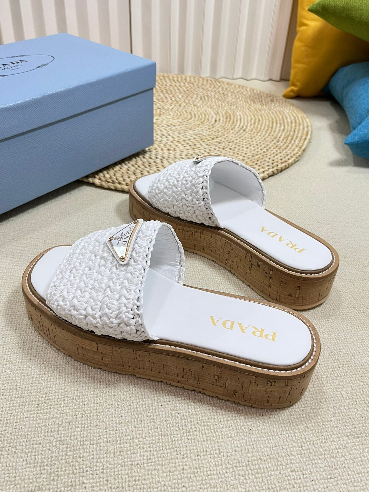 Luxury PradaCrochet Flatform Slides 40 Lightweight Cork Sole White
