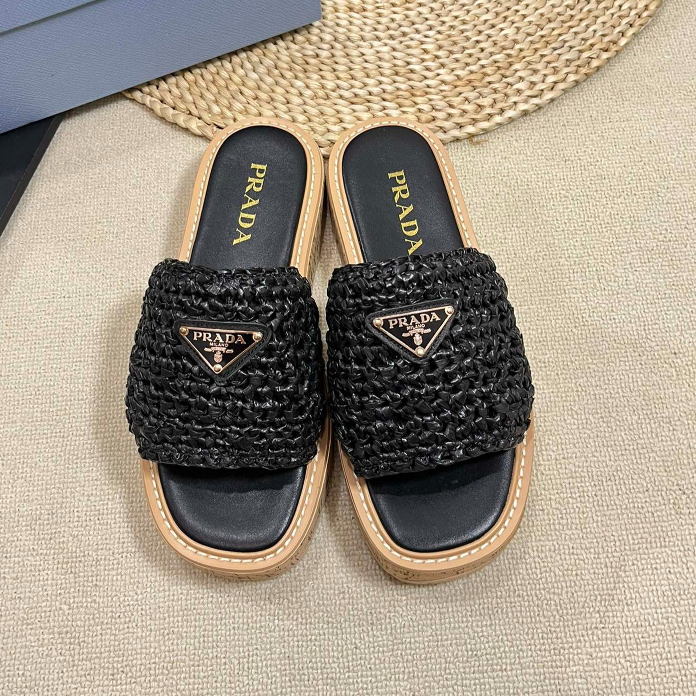 Luxury PradaWEDGE FLATFORM SLIDES BLACK RAFFIA