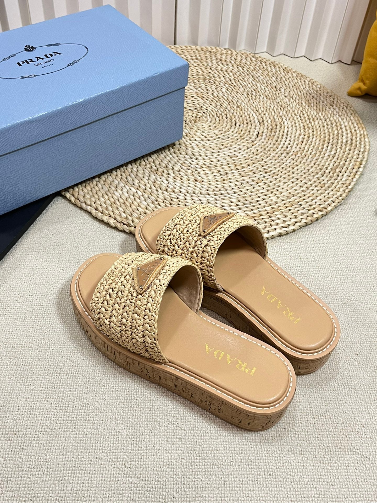 Luxury PradaCrochet Flatform Slides 40 Lightweight Cork Sole Beige