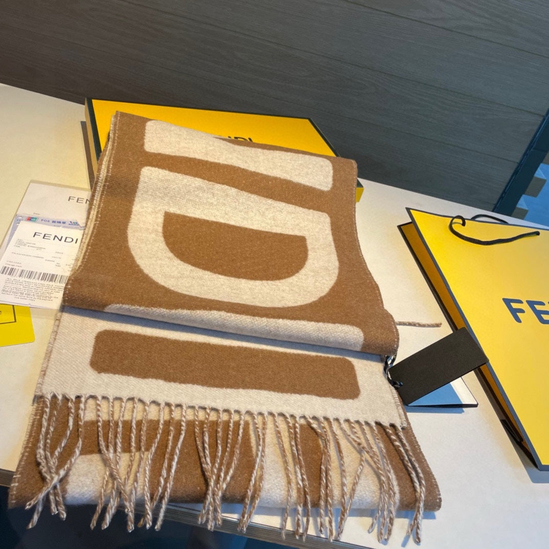 Luxury FendiFF 185 CM SCARF IN CARAMEL BROWN MIX WHITE CASHMERE AND WOOL