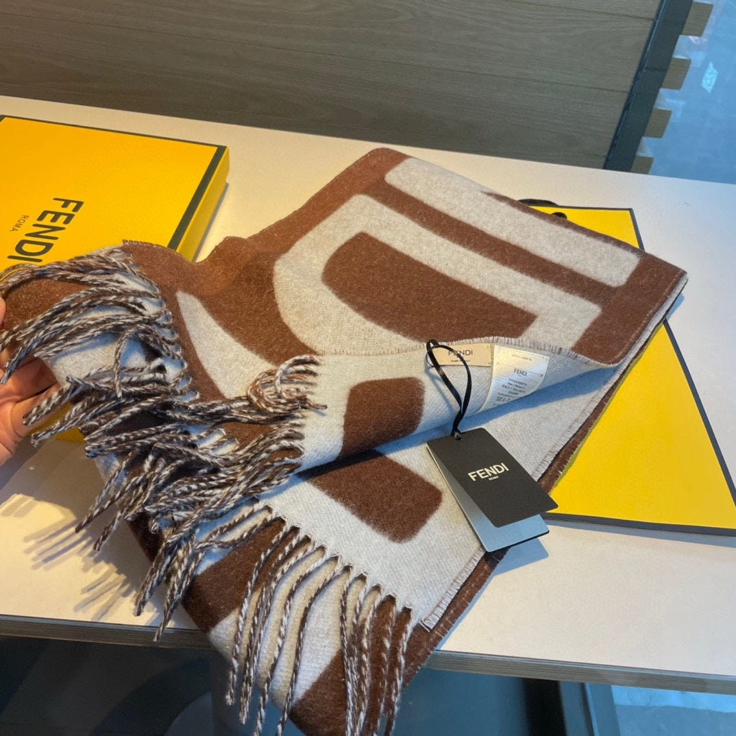 Luxury FendiFF 185 CM SCARF IN CAMEL BROWN MIX GREY CASHMERE AND WOOL