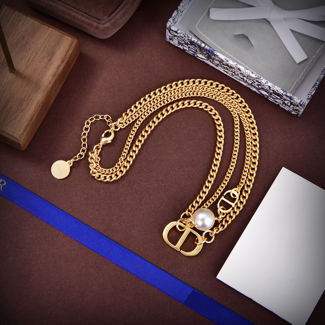 Luxury DiorLOGO MOP GOLD DOUBLE CHAIN NECKLACE