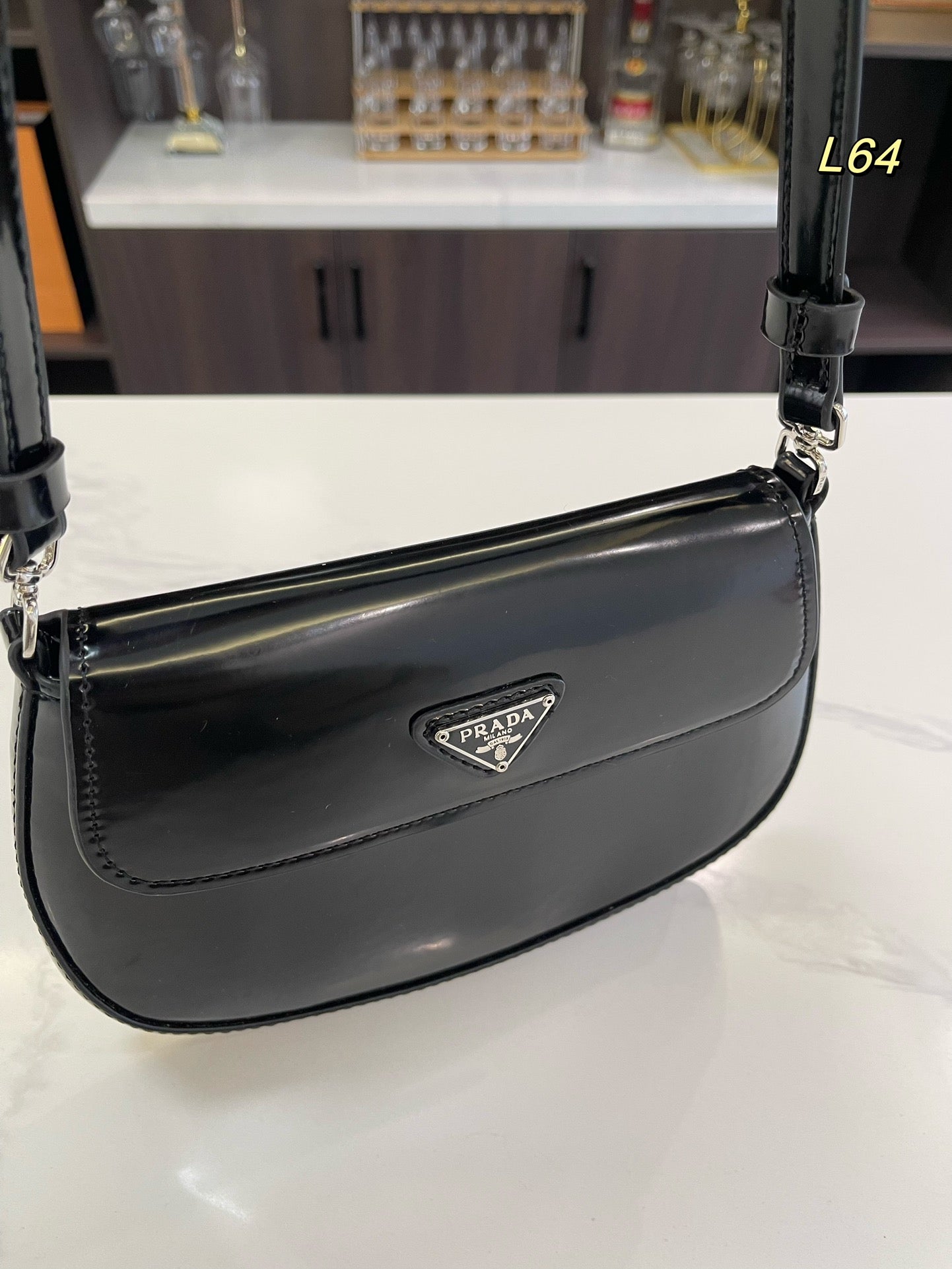 Luxury Prada25 CLEO FLAP SHOULDER BAG IN BLACK BRUSHED LEATHER