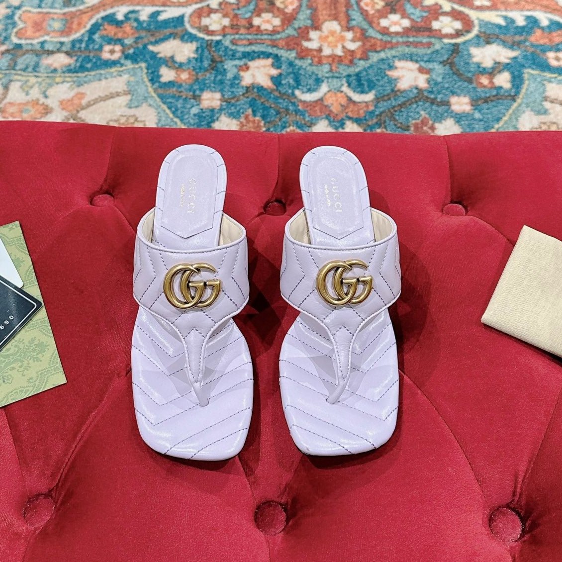 Luxury Gucci HIGH THONG MULE 55MM IN LIGHT PINK CALFSKIN WITH GOLD HARDWARE