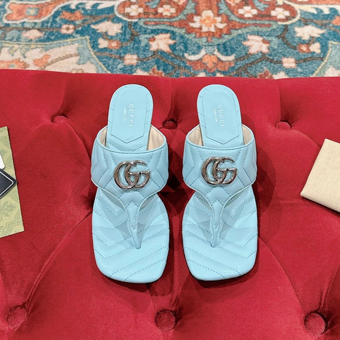 Luxury Gucci HIGH THONG MULE 55MM IN SKY BLUE CALFSKIN WITH GOLD HARDWARE
