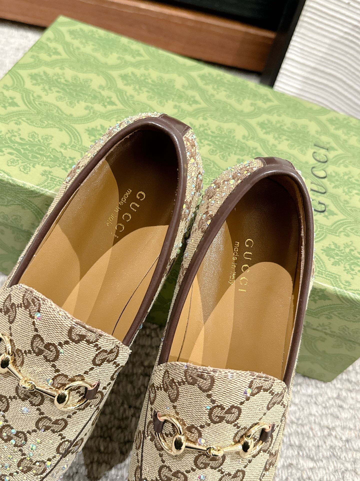 Luxury Gucci Horsebit Jordaan Loafer Beige Ebony Canvas Crystal-Embellished