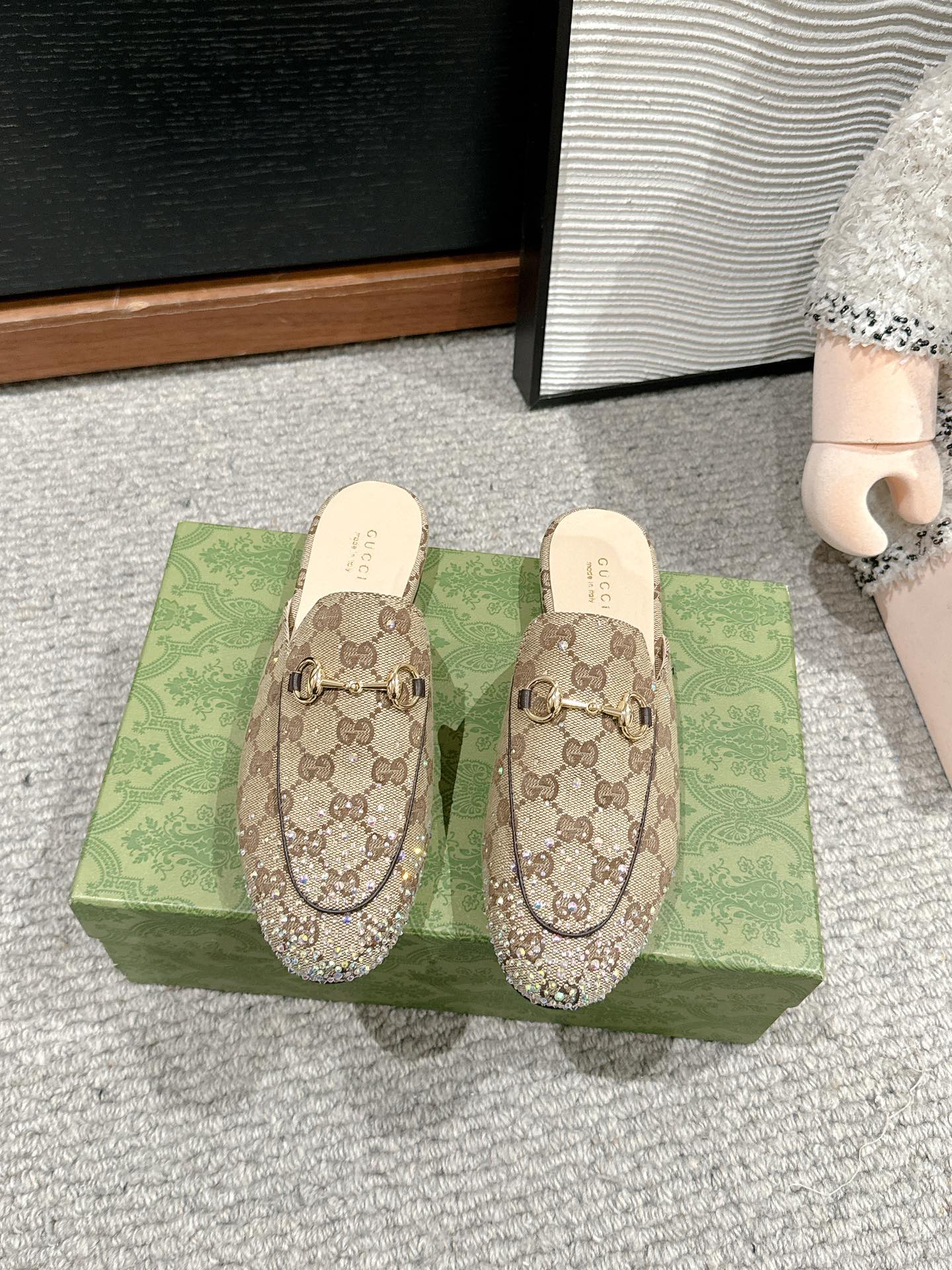 Luxury Gucci Horsebit Mule Beige Ebony Canvas Crystal-Embellished