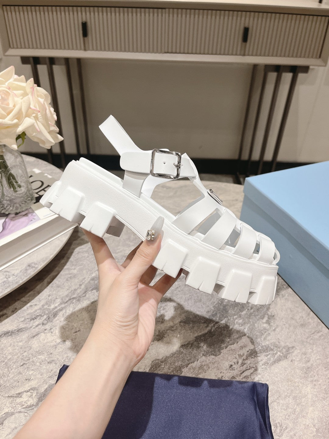 Luxury PradaRubber Monolith Sandals White