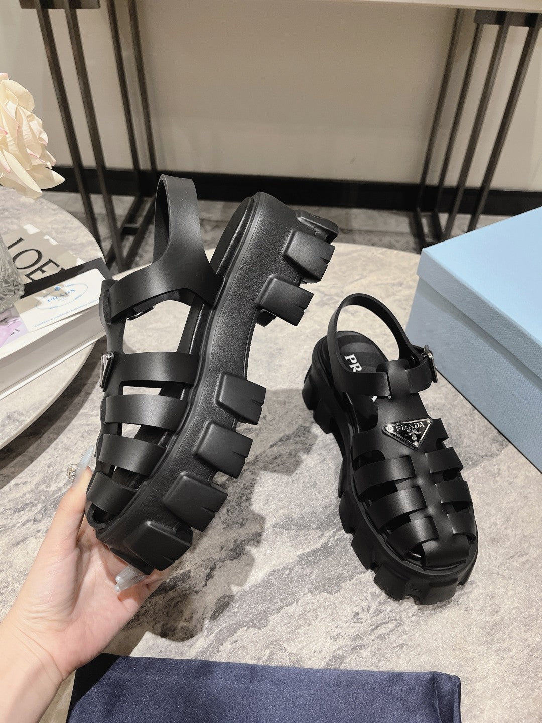 Luxury PradaRubber Monolith Sandals Black