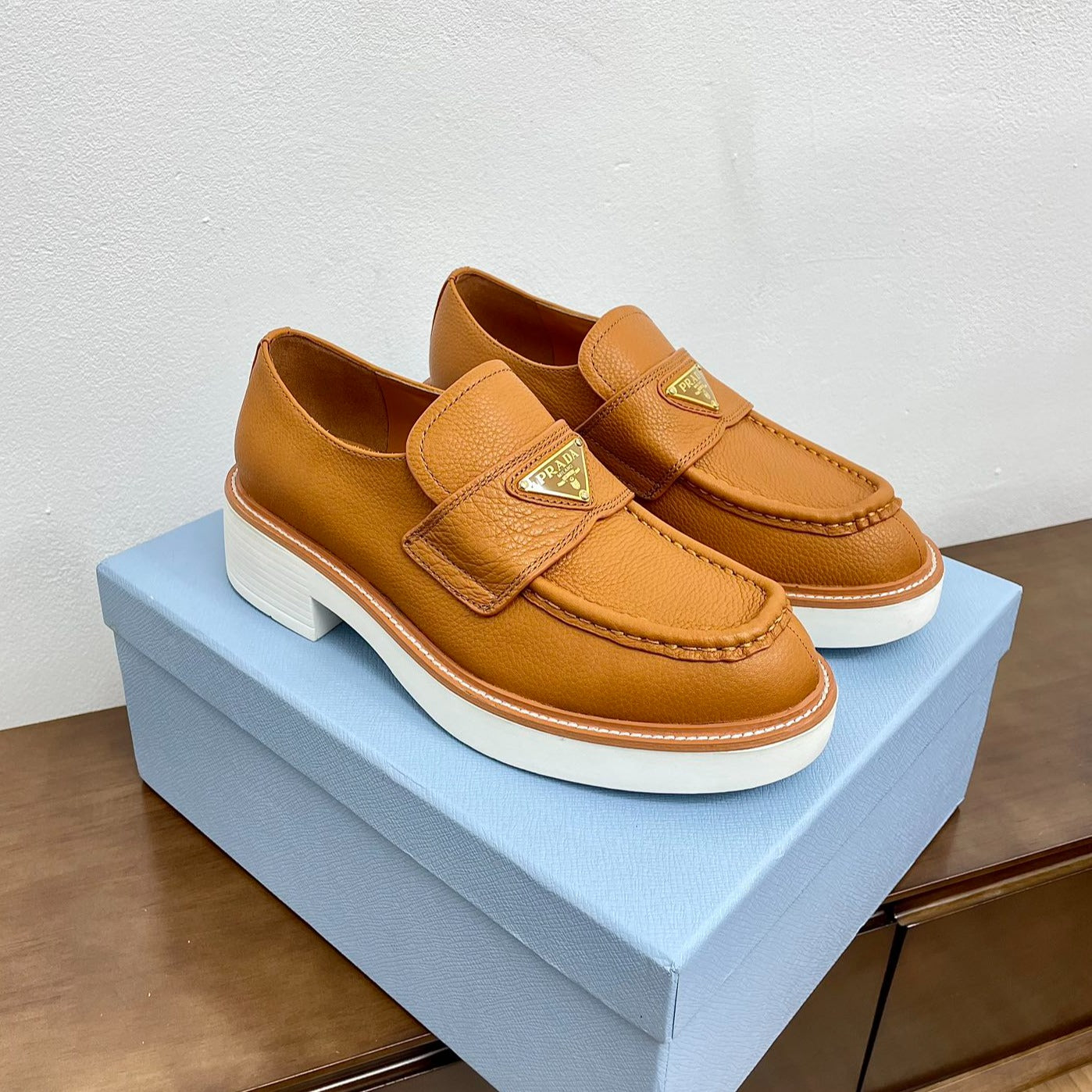 Luxury PradaCHOCOLATE BRUSHED LOAFERS BRONZE CALFSKIN
