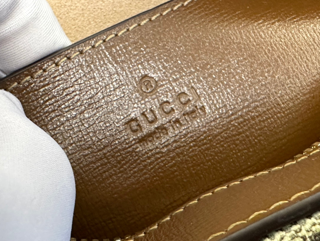 Luxury Gucci GG 20 HORSEBIT 1955 SMALL BAG IN BEIGE CANVAS AND BROWN CALFSKIN