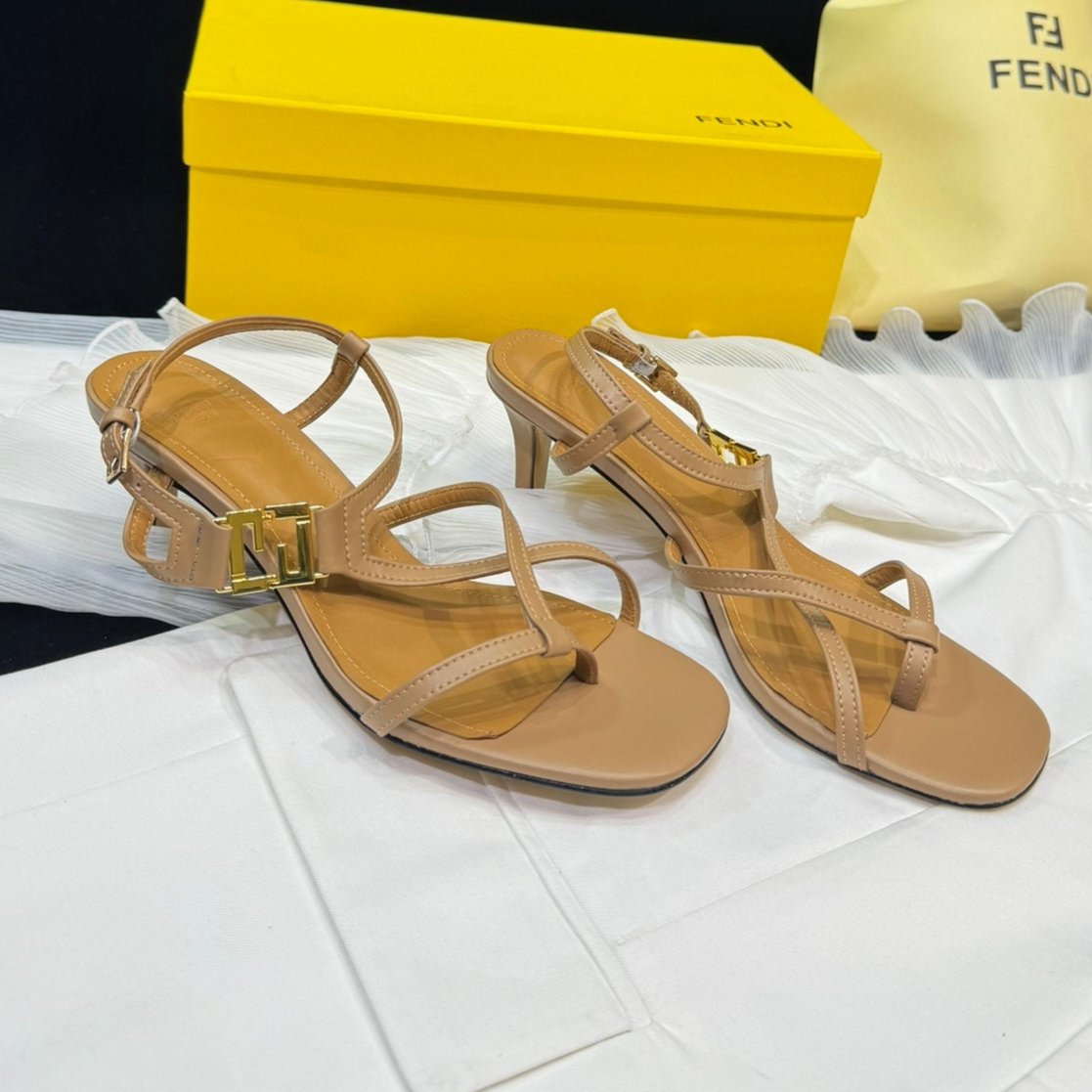 Luxury FendiLuxury FendiFFOLD MEDIUM-HEELED 55 MM SANDALS IN BRONZE BROWN LAMBSKIN WITH GOLD HARDWARE
