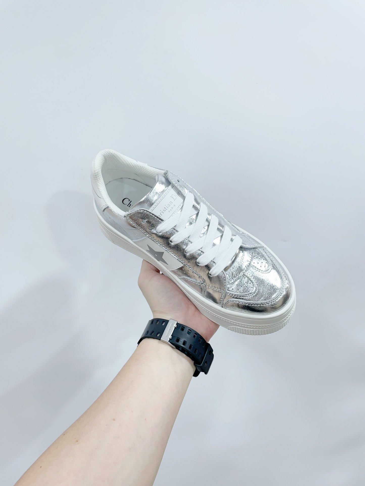Luxury DiorStar Platform Sneaker In Silver Glossy Calfskin 999868