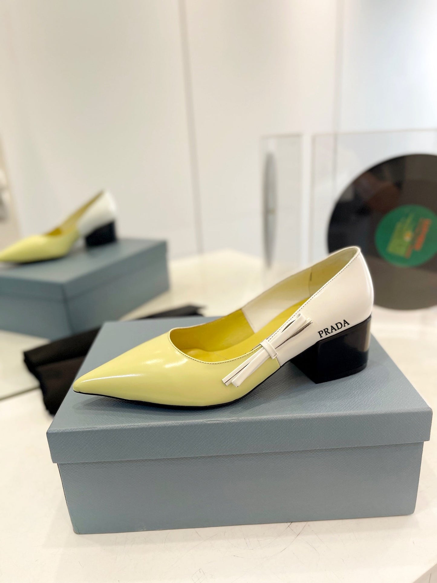 Luxury PradaPump 45 Square Sole Vanilla White Patent Leather