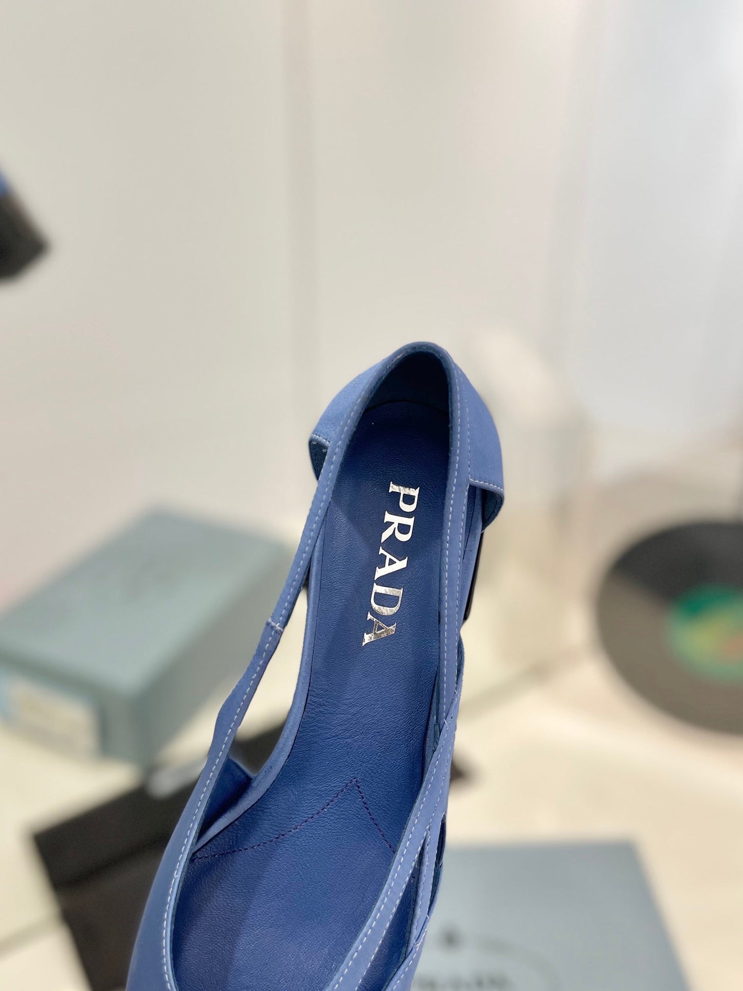 Luxury PradaPumps 50 Square Sole Light Blue Suede Fabric