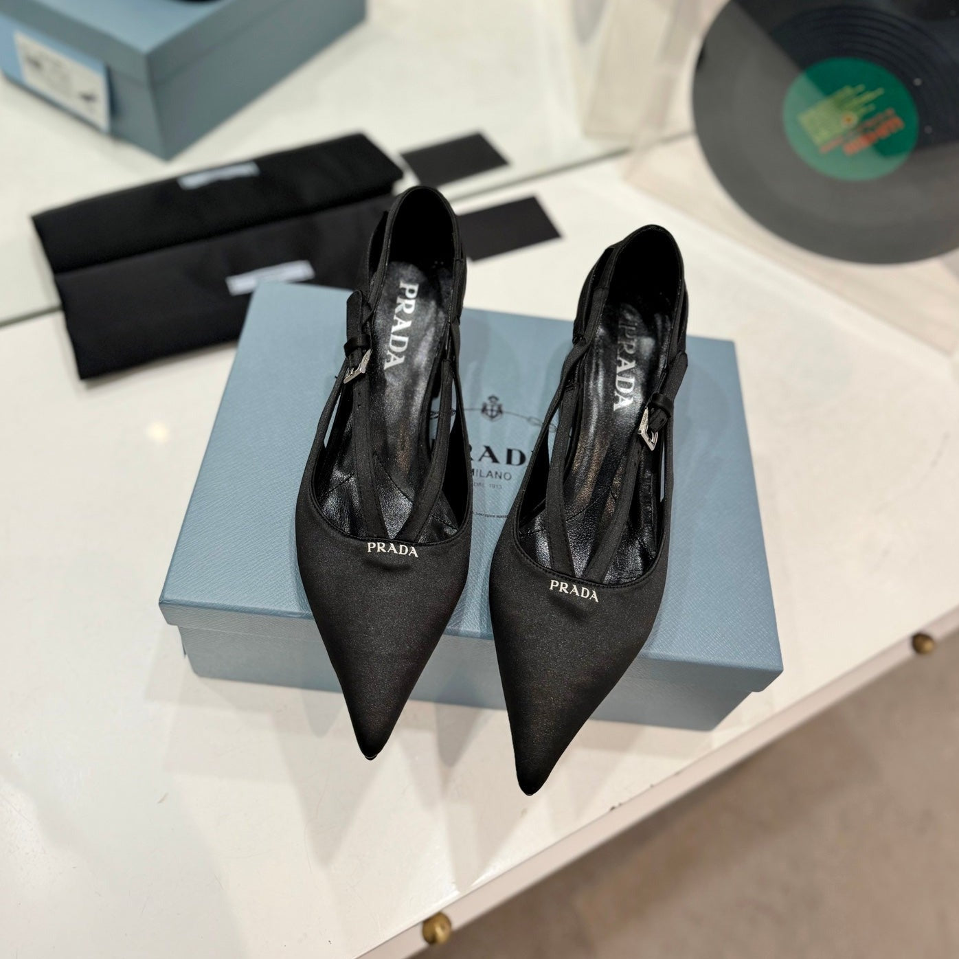 Luxury PradaSTRAP CUT-OUT PUMPS BLACK SATIN