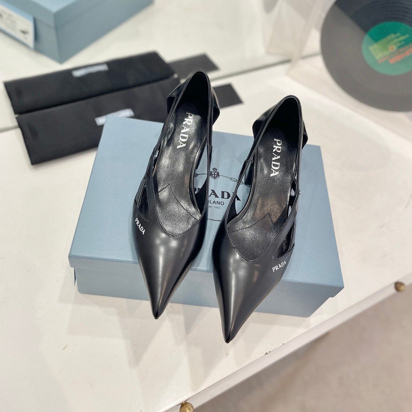 Luxury PradaSTRAP CUT-OUT PUMPS BLACK CALFSKIN