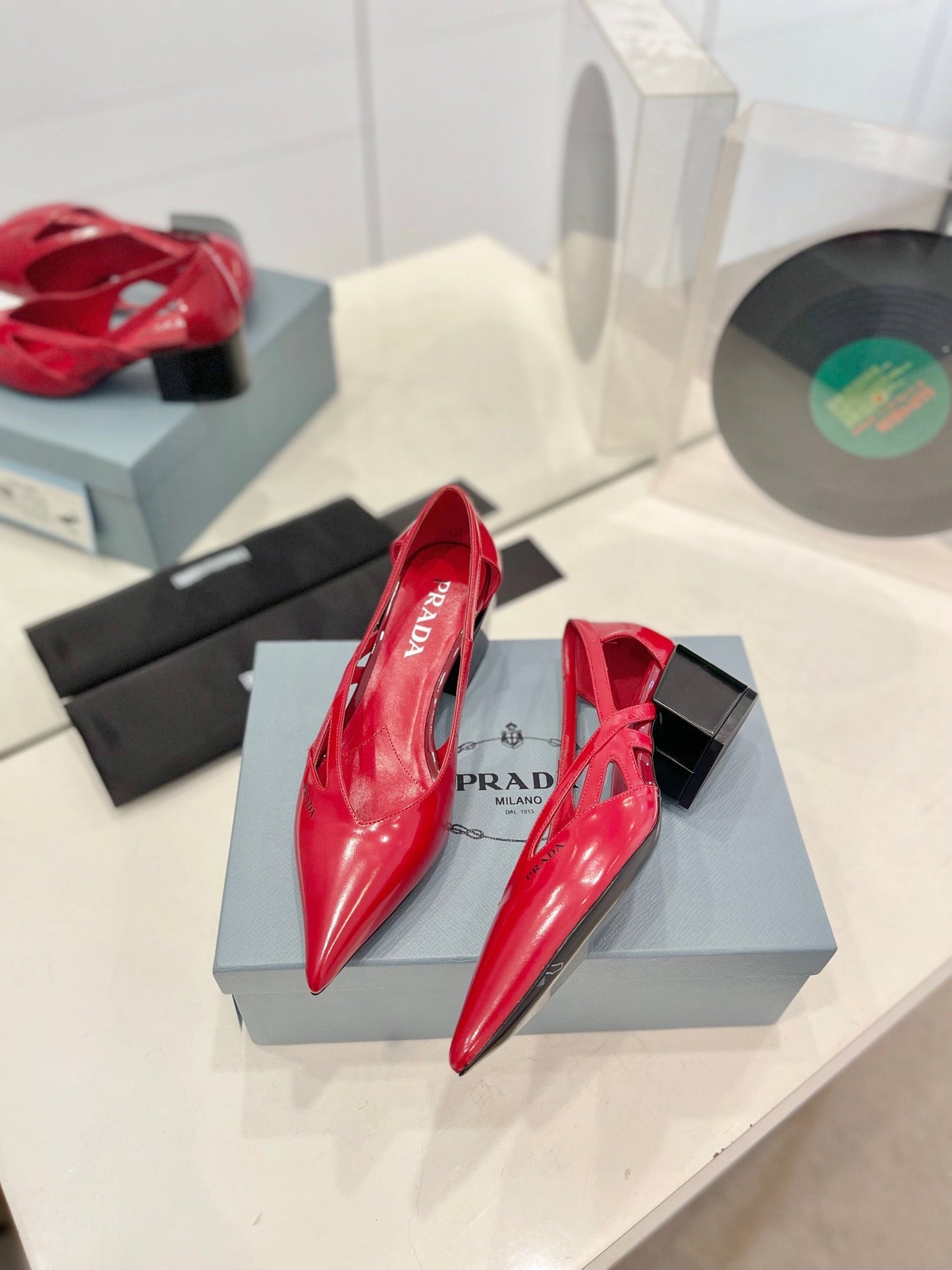 Luxury PradaPumps 50 Square Sole Red Patent Leather
