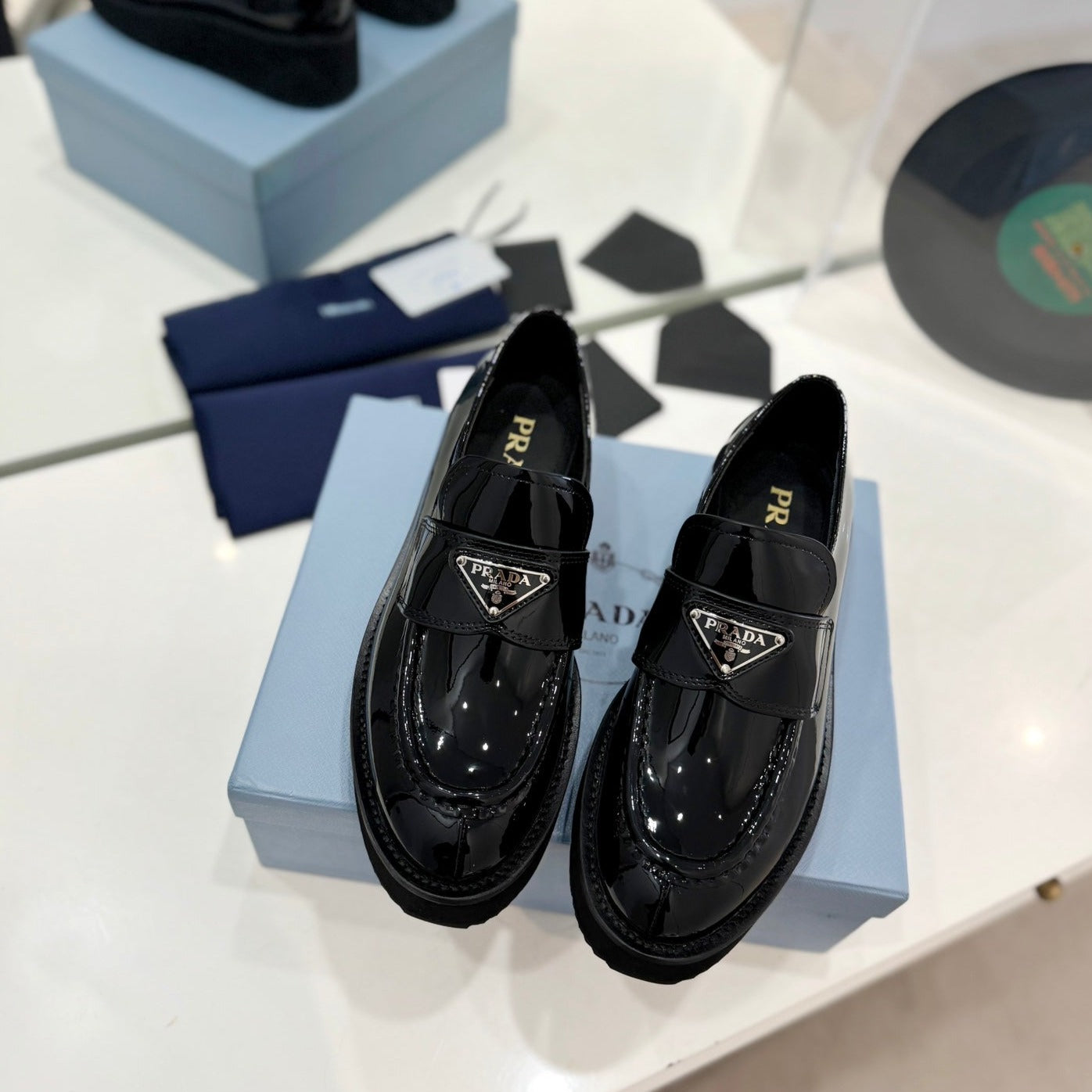 Luxury PradaBRUSHED LOAFERS GLOSSY BLACK LAMBSKIN