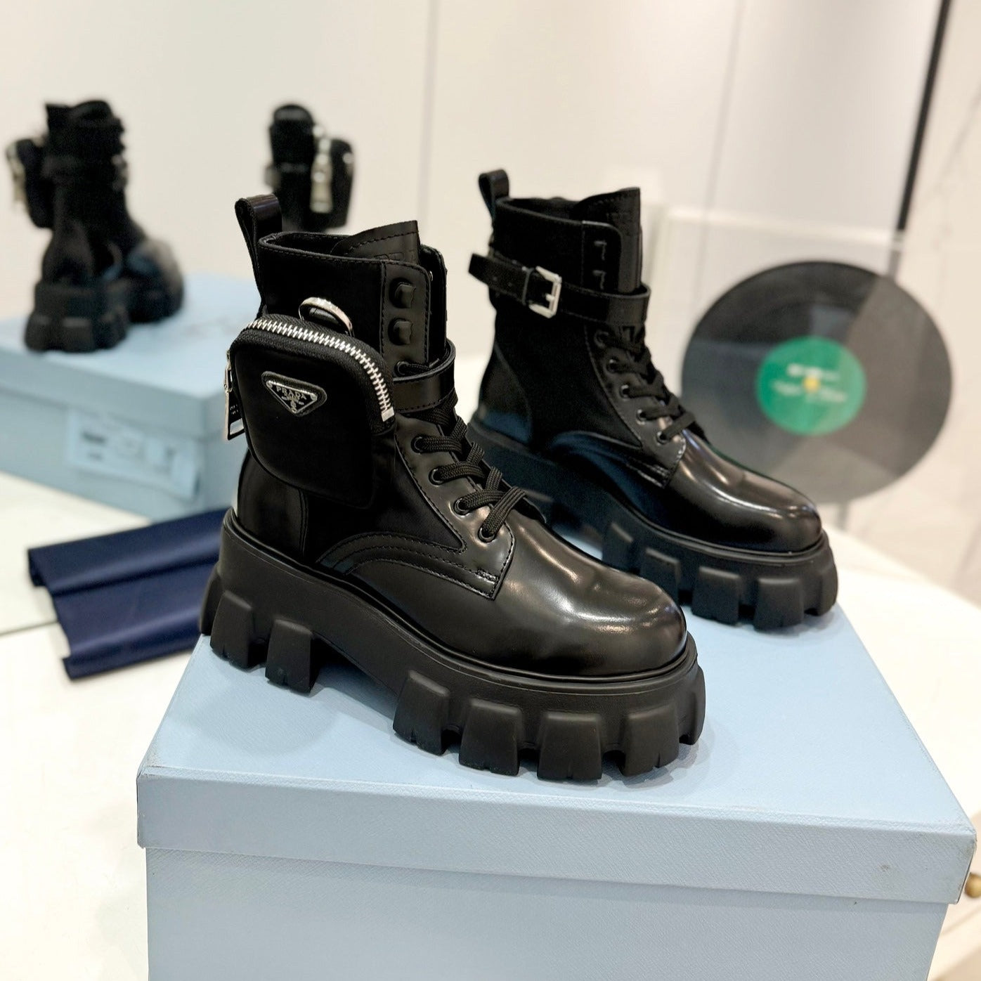 Luxury PradaMONOLITH BRUSHED AND RE-NYLON BOOTS WITH POUCH BLACK CALFSKIN