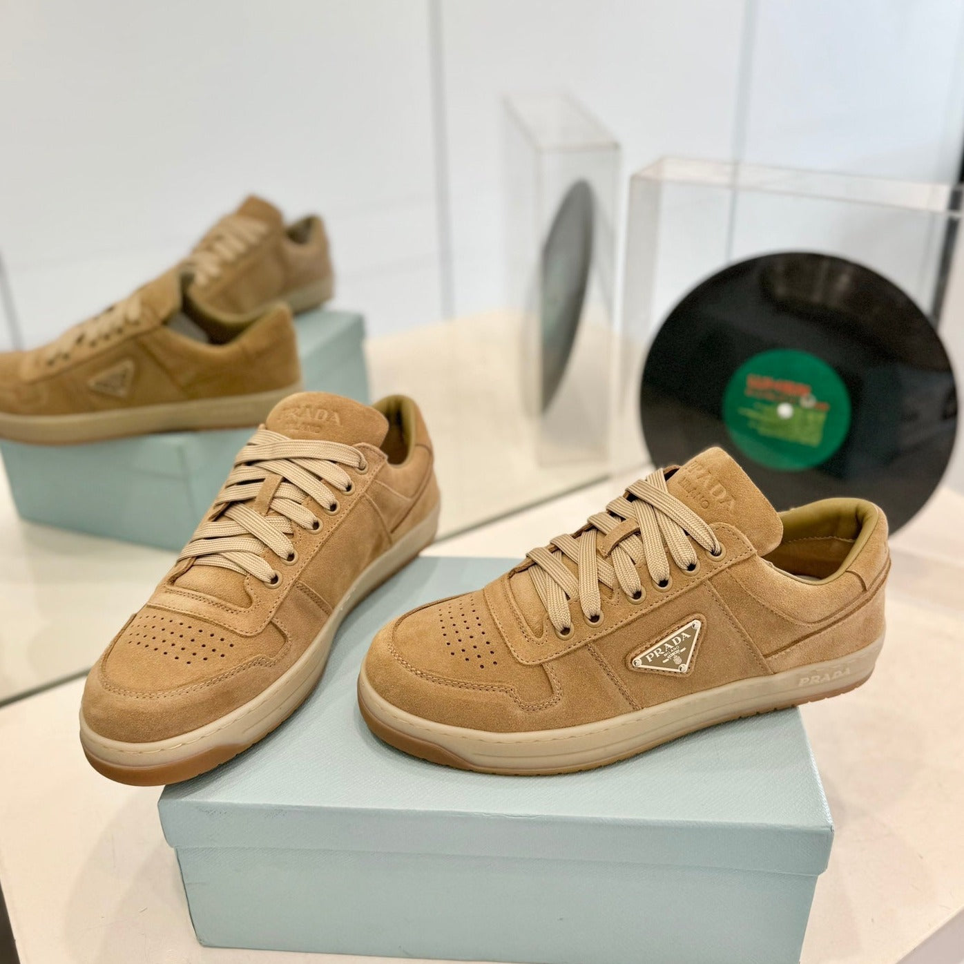 Luxury PradaDOWNTOWN PERFORATED SNEAKERS CAMEL SUEDE