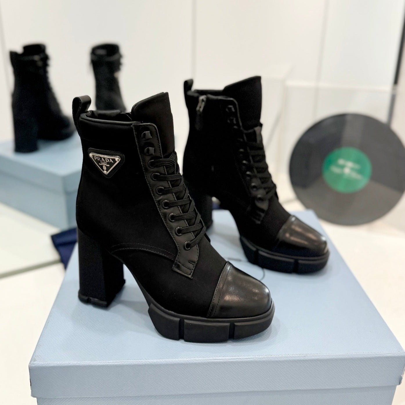 Luxury PradaRE-NYLON AND LEATHER BOOTIES BLACK