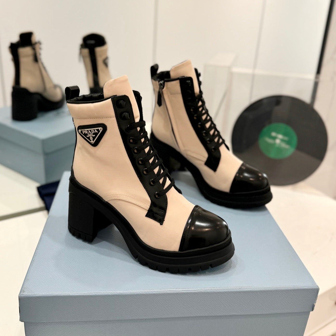 Luxury PradaBRUSHED LEATHER AND RE-NYLON LACED BOOTIES PASTEL PINK