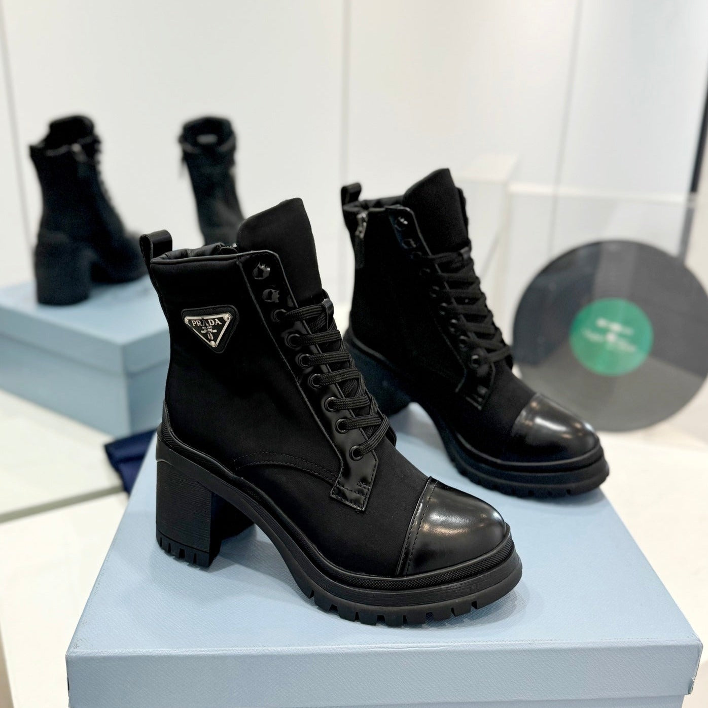 Luxury PradaBRUSHED LEATHER AND RE-NYLON LACED BOOTIES BLACK