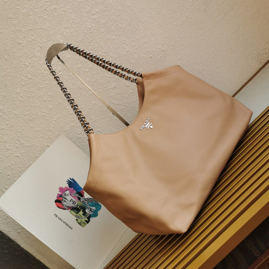 Luxury PradaCHAIN TOTE 39 SOFT BEIGE CALFSKIN SILVER HARDWARE