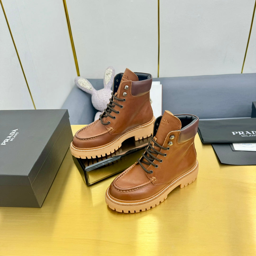 Luxury PradaLACE-UP ANKLE BOOTS IN COGNAC CALFSKIN