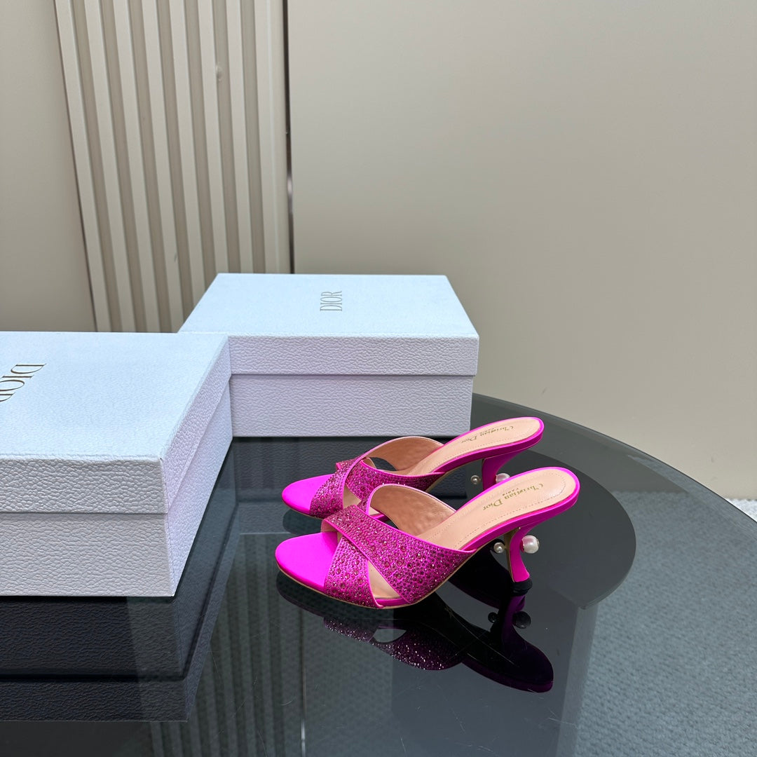 Luxury DiorTribales Heeled Slide 80mm Dark Pink Lambskin And Studded With Stones