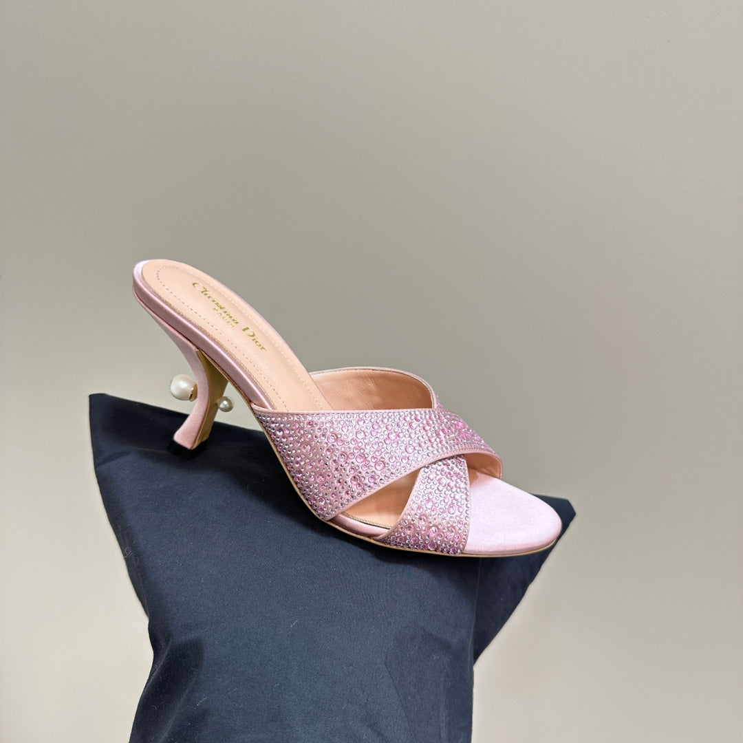 Luxury DiorTribales Heeled Slide 80mm Light Pink Lambskin And Studded With Stones