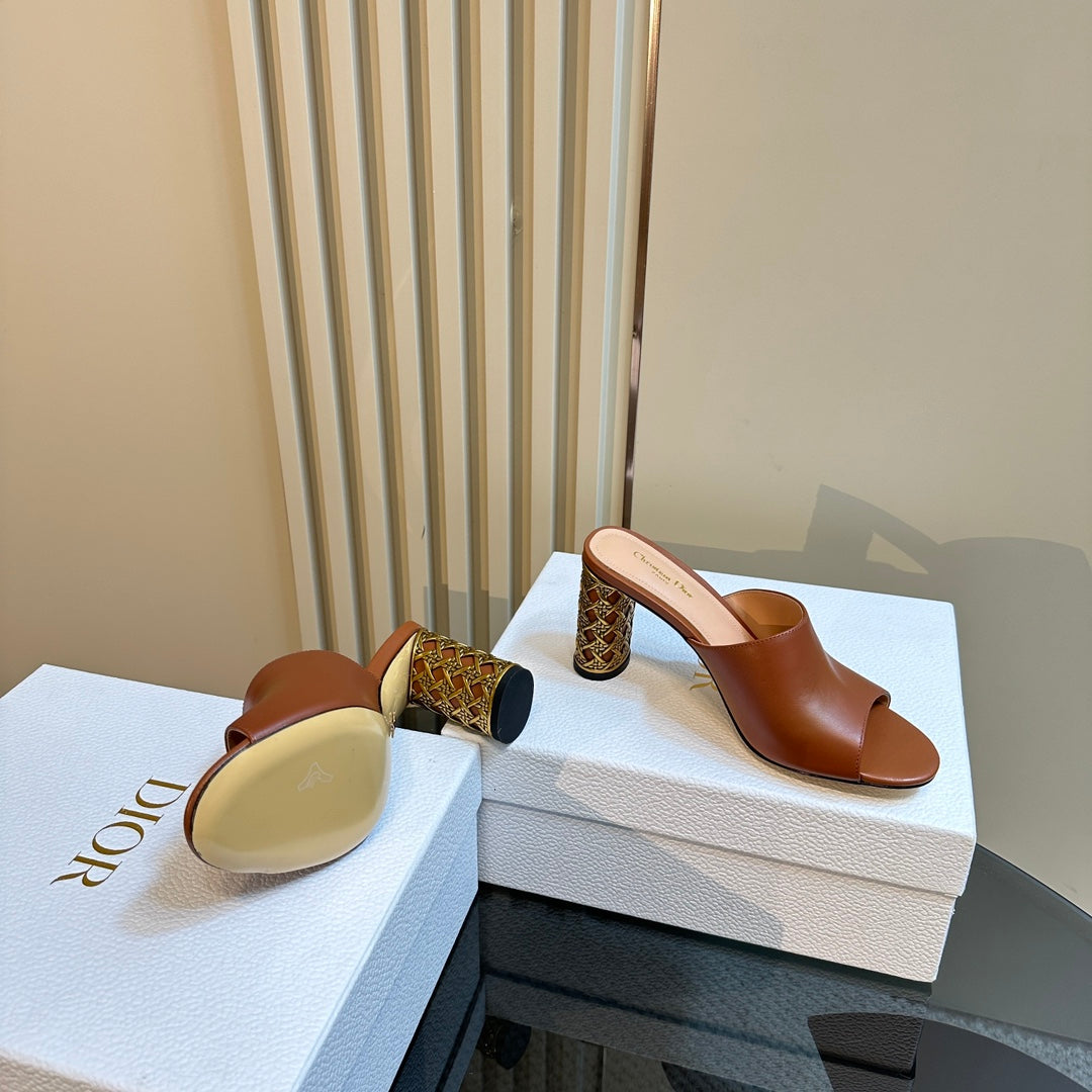 Luxury DiorIcon Heeled Slide 95mm Brown Calfskin