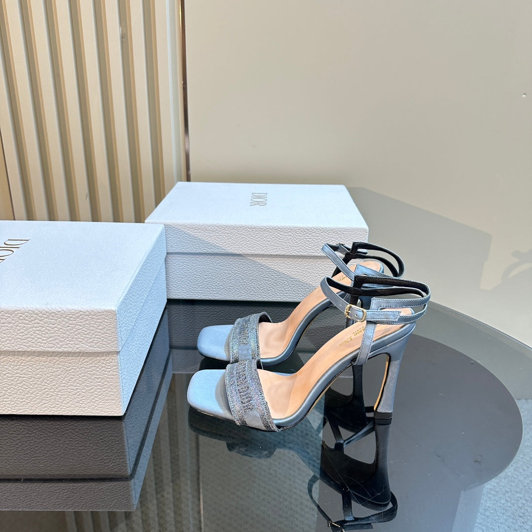 Luxury DiorDway Heeled Sandal 105mm Blue Silk And Lambskin