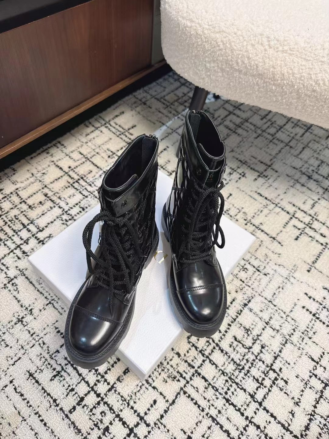 Luxury DiorD-Unit Ankle Boot Glossy Black Calfskin