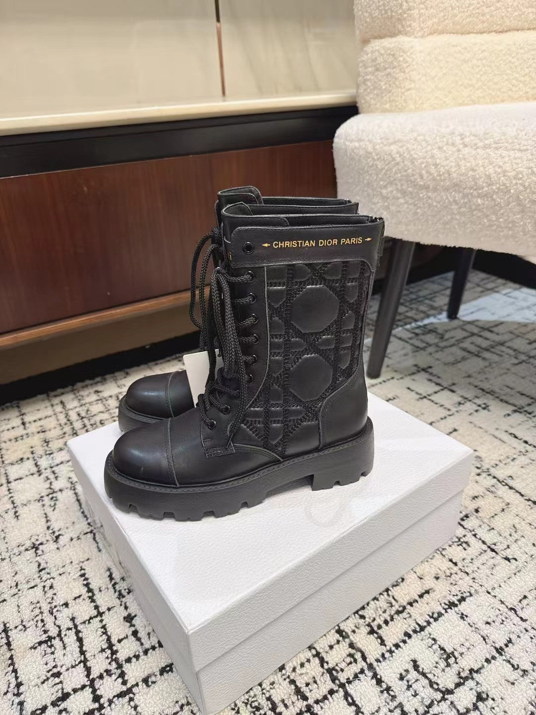 Luxury DiorD-Unit Ankle Boot Plain Black Calfskin