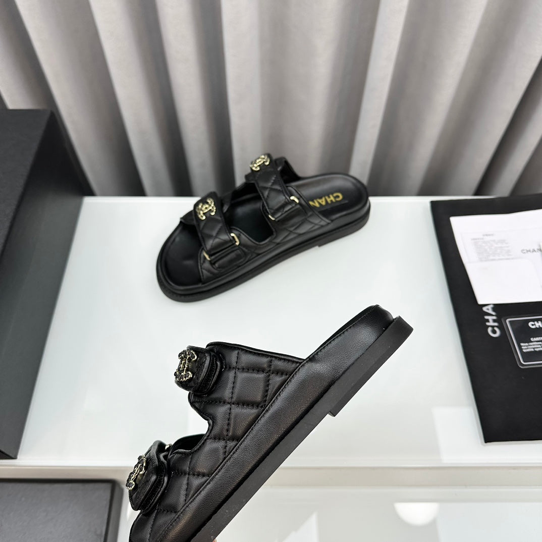 Luxury Chanel dad sandals black lambskin mules