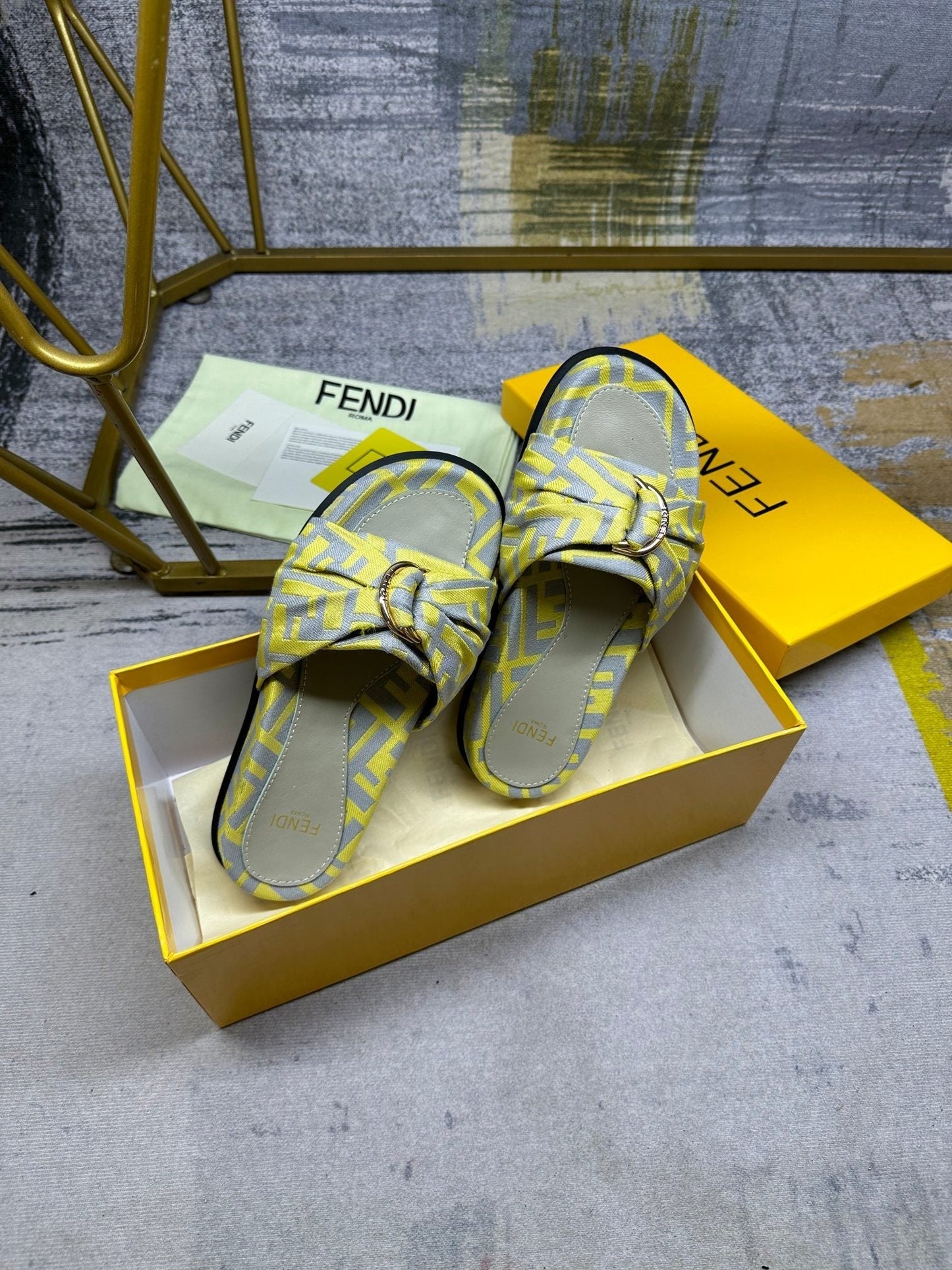 Luxury FendiFF Feel 10 Yellow Grey FF jacquard Slide